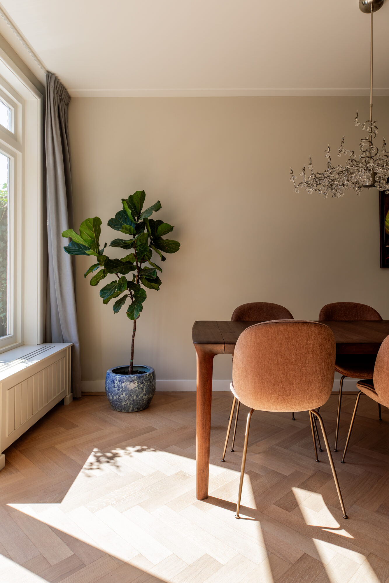 Eetkamer met zonlicht op de visgraatvloer en grote plant