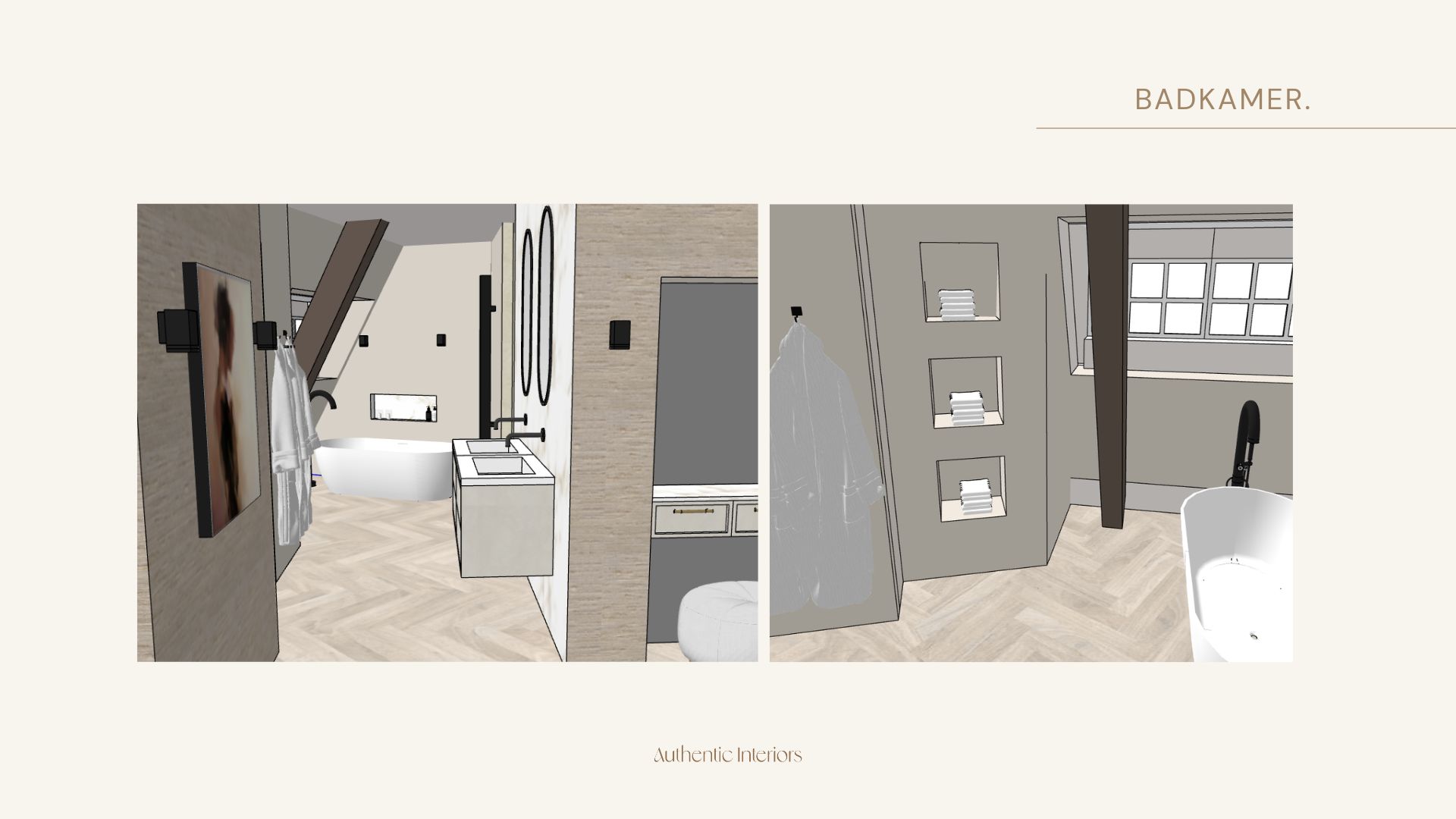 3D-ontwerp ensuite badkamer met vrijstaand bad, zwevend wastafelmeubel, ovale spiegels en maatwerk nissen, slaapkamersuite Hilversum, Authentic Interiors