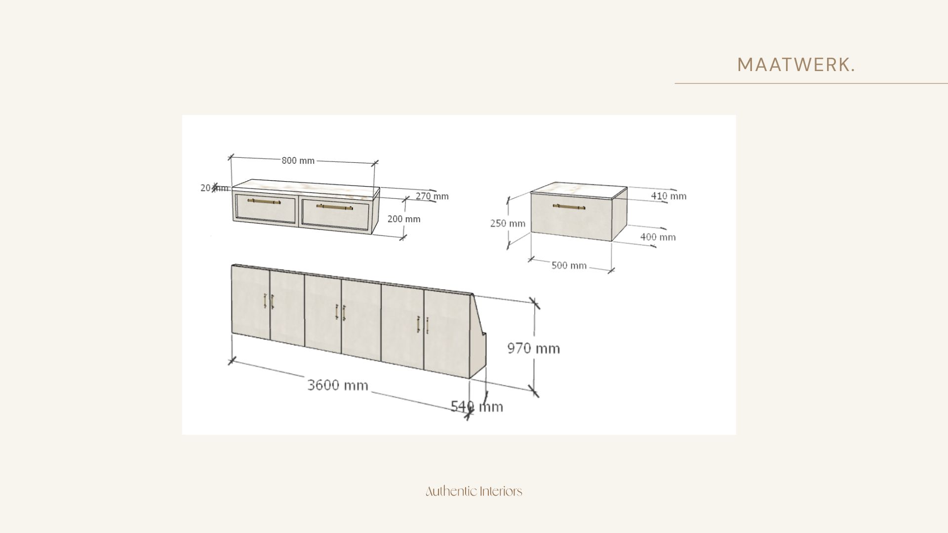Maatwerktekening met maten voor zwevend nachtkastje, laden en kast van 3600 mm onder de dakschuinte, slaapkamersuite Hilversum, Authentic Interiors