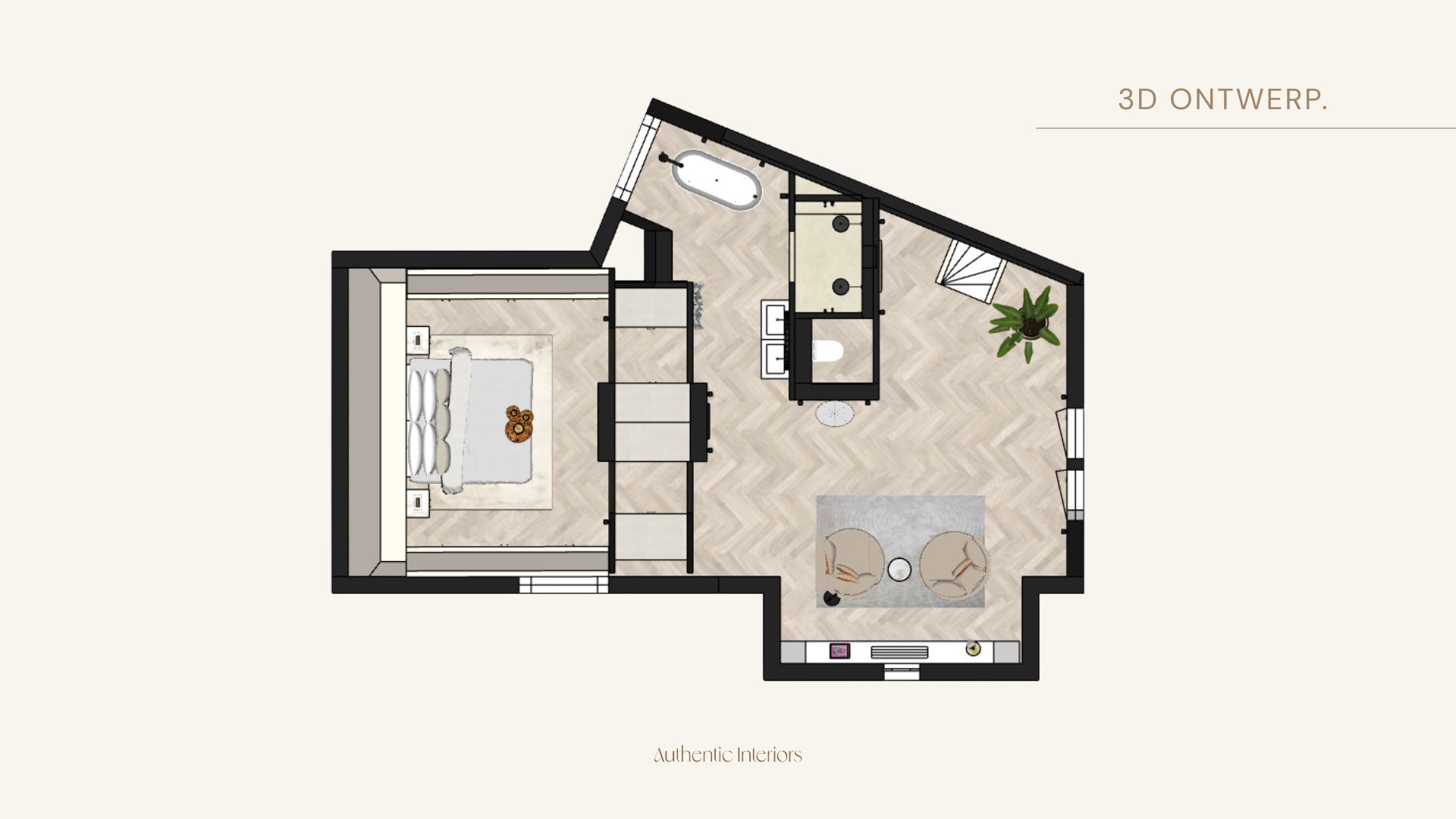 Plattegrond van de slaapverdieping als één suite: slaapkamer, walk-in closet, badkamer met vrijstaand bad, sauna en zithoek, ontwerp Hilversum, Authentic Interiors