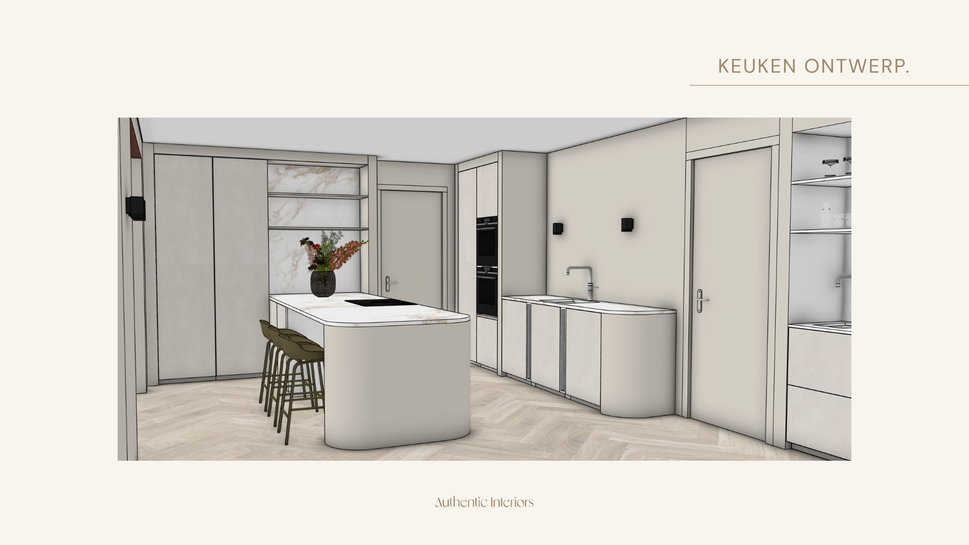 Presentatieslide 3D keukenontwerp variant 2 met marmerlook achterwand, nieuwbouwwoning Hillegom, Authentic Interiors