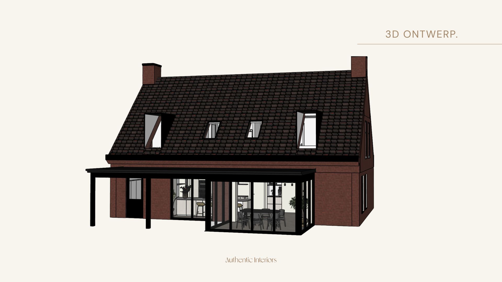 3D-ontwerp exterieur nieuwbouwwoning met glazen uitbouw en overkapping, kavelbouw Hillegom, Authentic Interiors