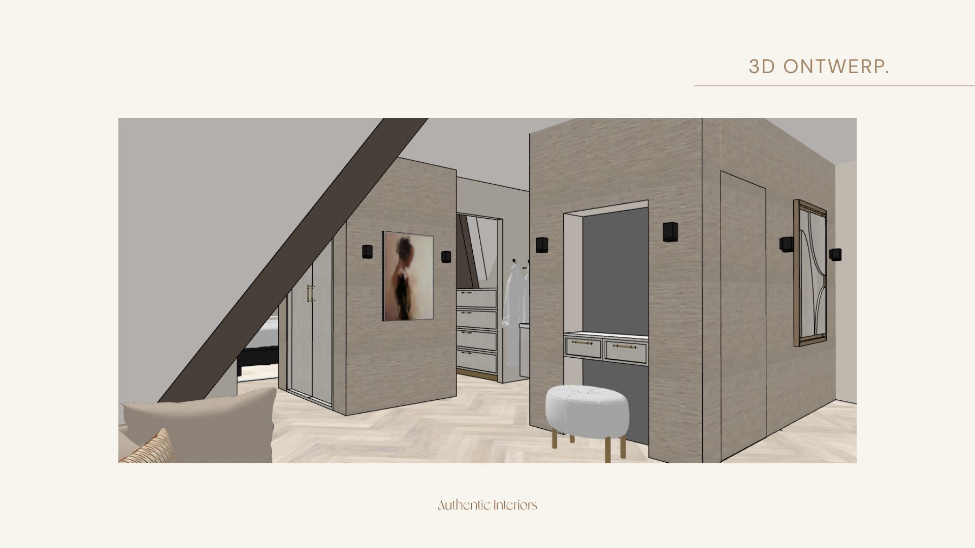 3D-ontwerp slaapkamersuite Hilversum: maatwerk kastenwand met ingebouwde kaptafel, poef en doorkijk naar de walk-in closet onder de schuinte, Authentic Interiors