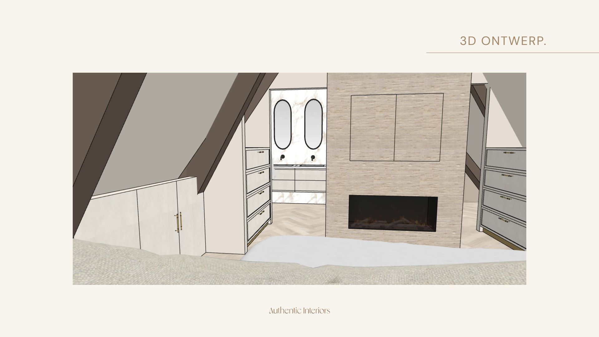 3D-ontwerp slaapkamer met inbouwhaard, maatwerk kasten onder de dakschuinte en doorkijk naar de badkamer met dubbele spiegels, slaapkamersuite Hilversum