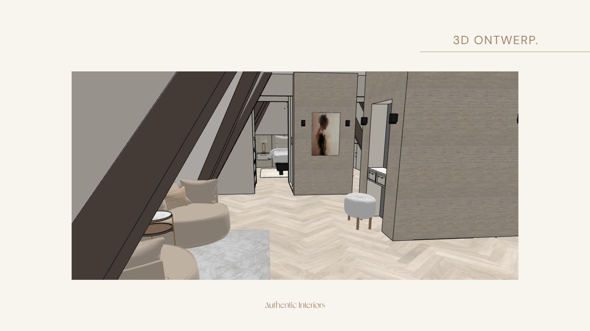 3D-ontwerp zithoek met ronde fauteuils onder de dakschuinte en doorkijk door de suite naar de slaapkamer, slaapkamersuite Hilversum, Authentic Interiors