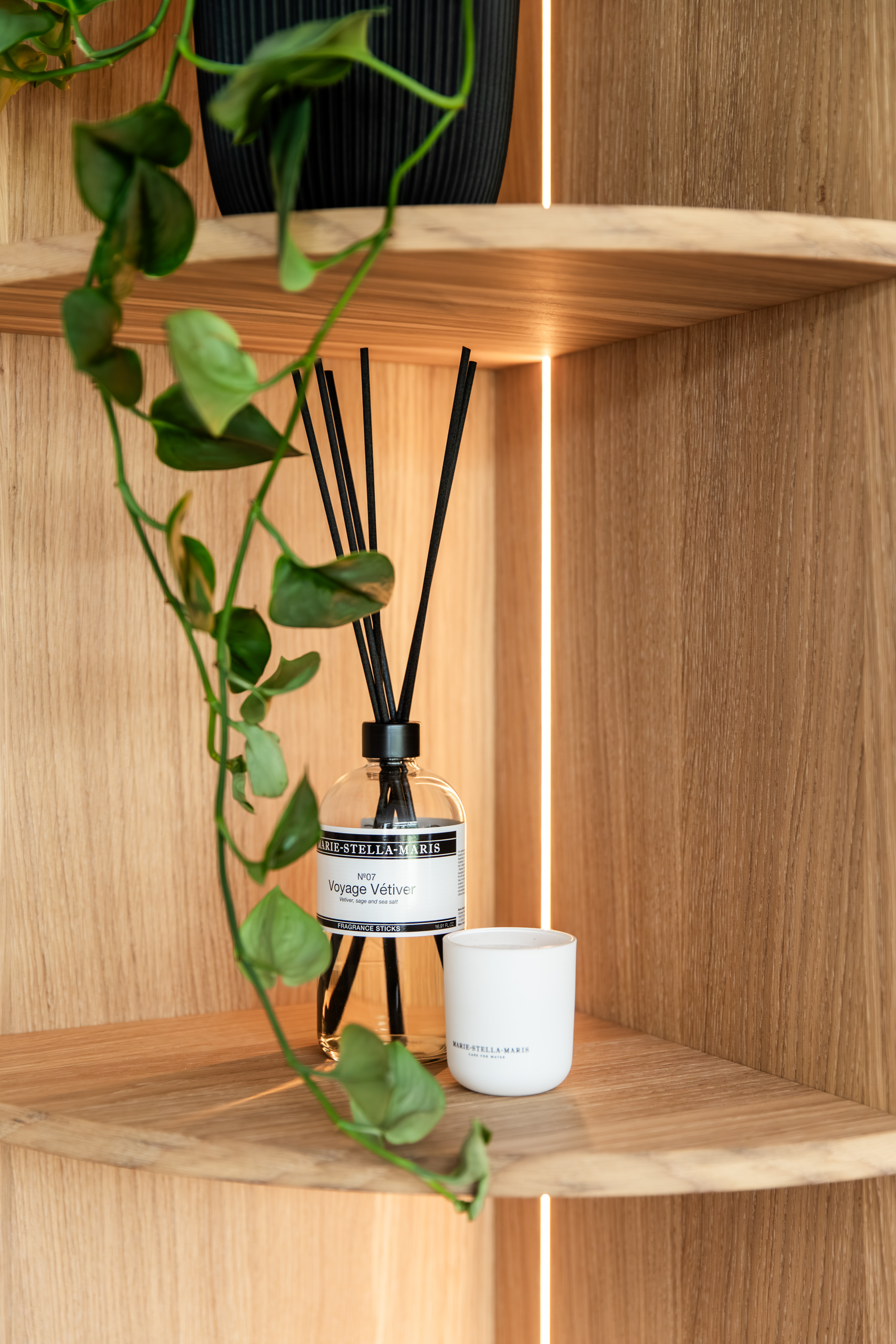 Detail van de verlichte eiken nis met hangplant, interieurontwerp woning Bennebroek door Authentic Interiors