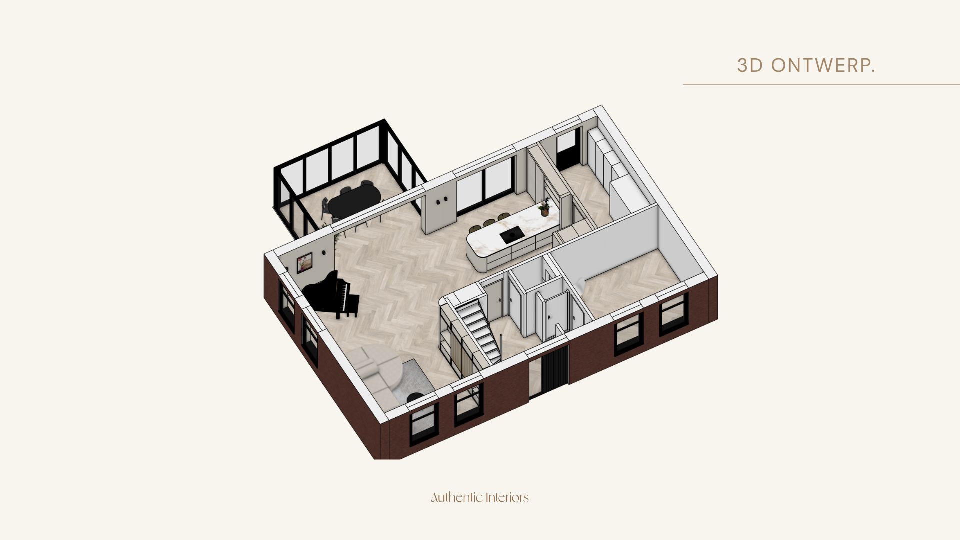 Isometrische 3D-plattegrond van de begane grond met keuken, eethoek in de uitbouw en zithoek, nieuwbouwwoning Hillegom, Authentic Interiors