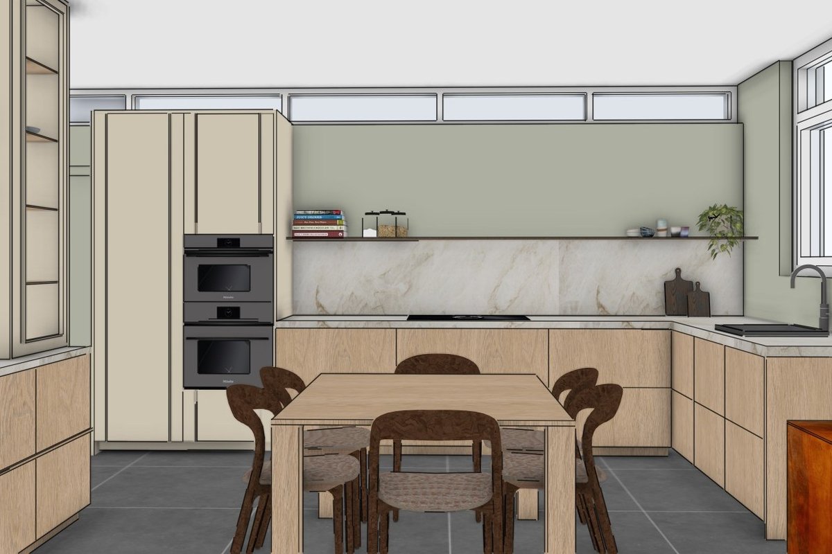 3D-visualisatie van het keukenontwerp voor een jaren 30 woning in Overveen